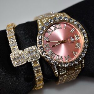 2 piece set Gold and Pink Crystal Encrusted watch and  Bracelet